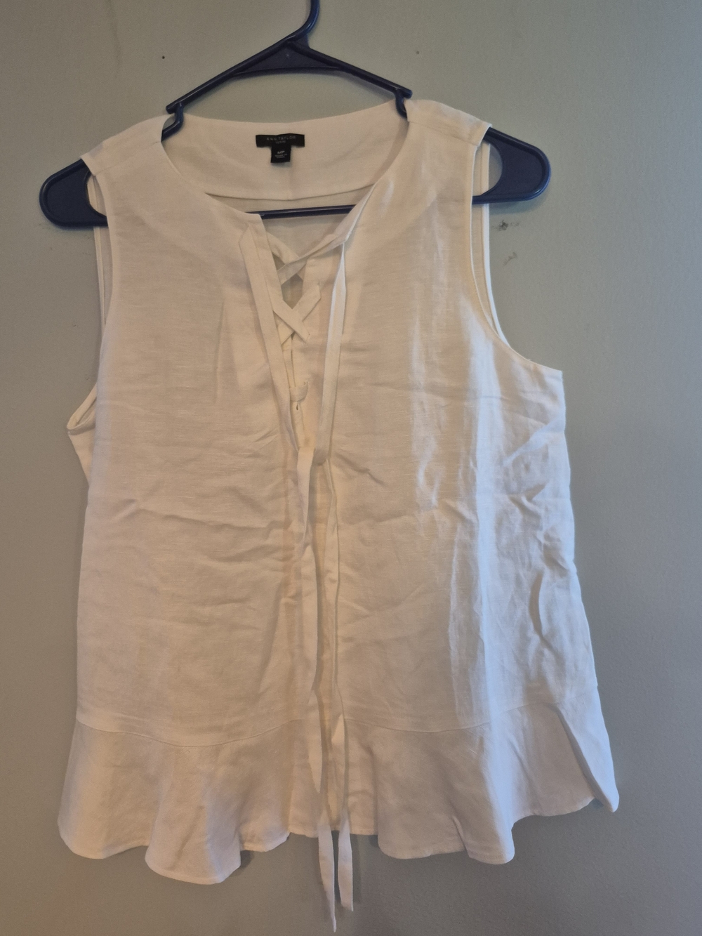 Ann Taylor White Lace-Up Sleeveless Ruffle Hem Top Linen, MP